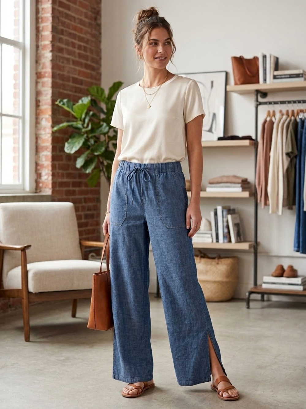 EVEREVE Joelle Wide Leg Linen Stretch Side Slits Pull On Pants , Small
